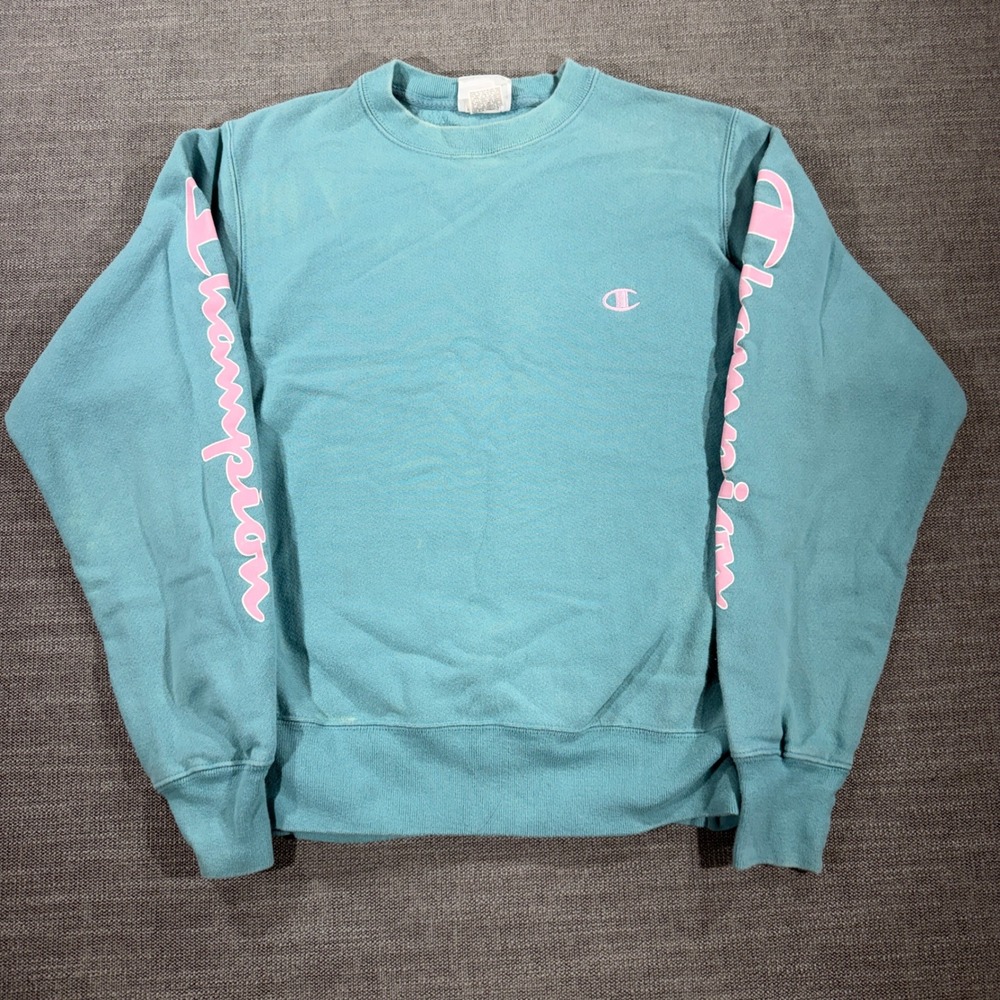 Champion Reverse Weave Sweatshirt Men Small Teal Blue Good Sleeve Logo Graphic‎